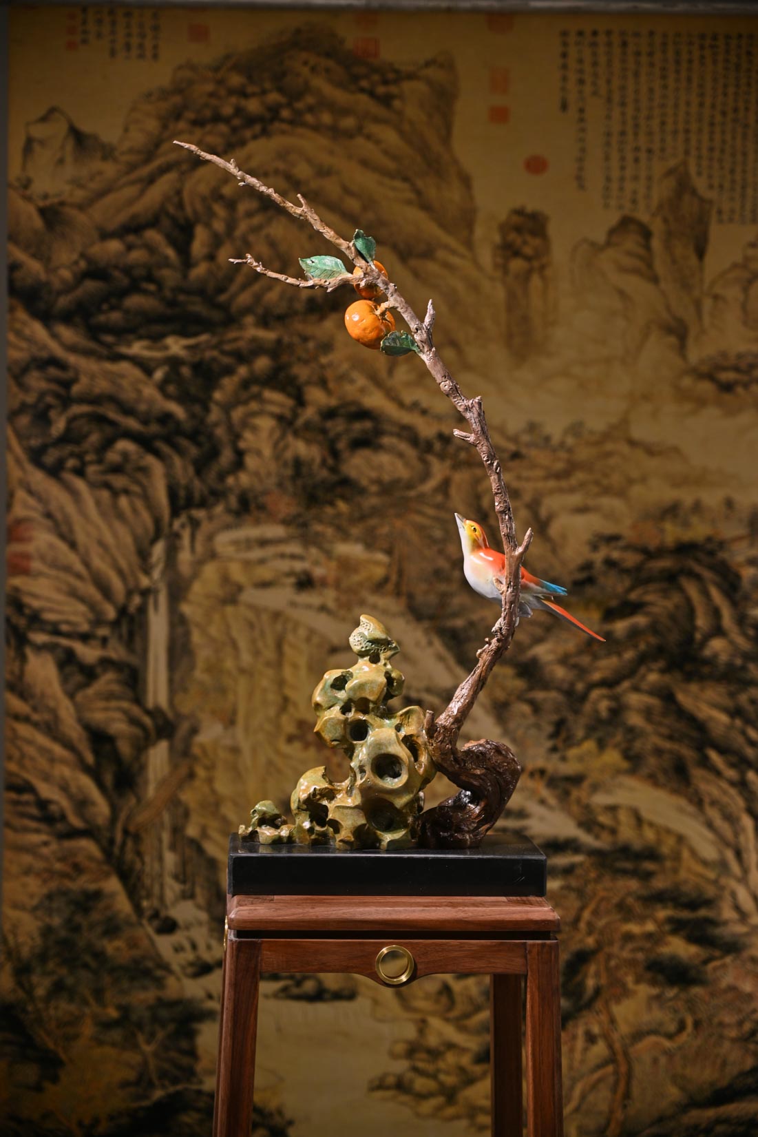Birds on persimmon branch over scholars rocks — painting backdrop lifestyle.