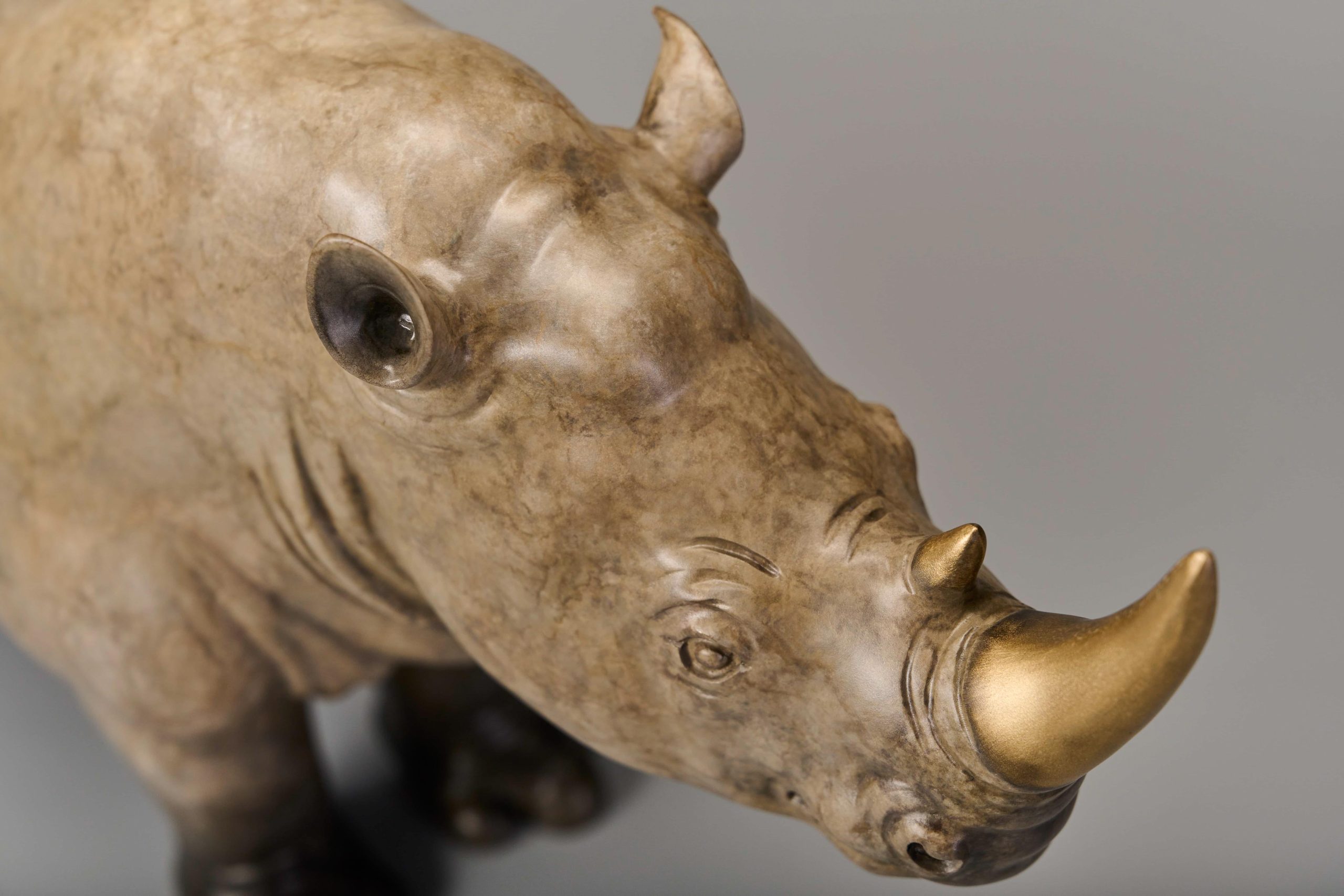 Pair of stylized rhinos in amber and grey — grey rhino head close-up.