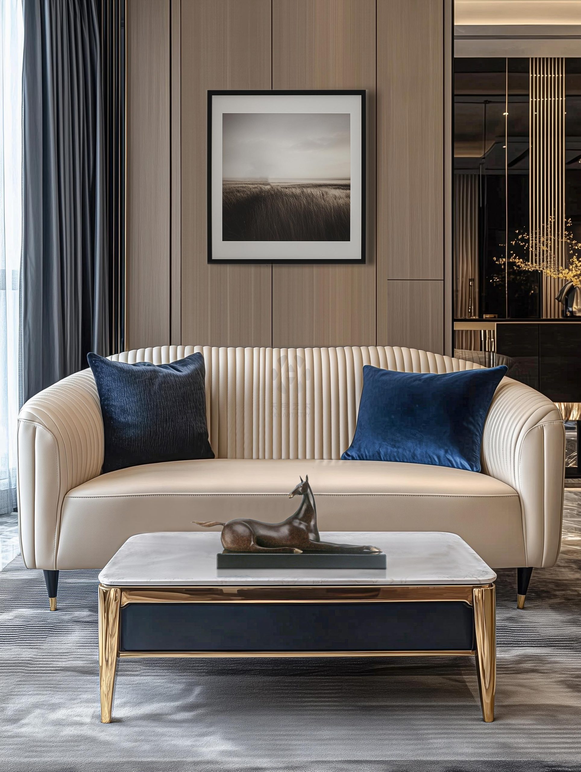 Resting bronze horse in living room — coffee table lifestyle.