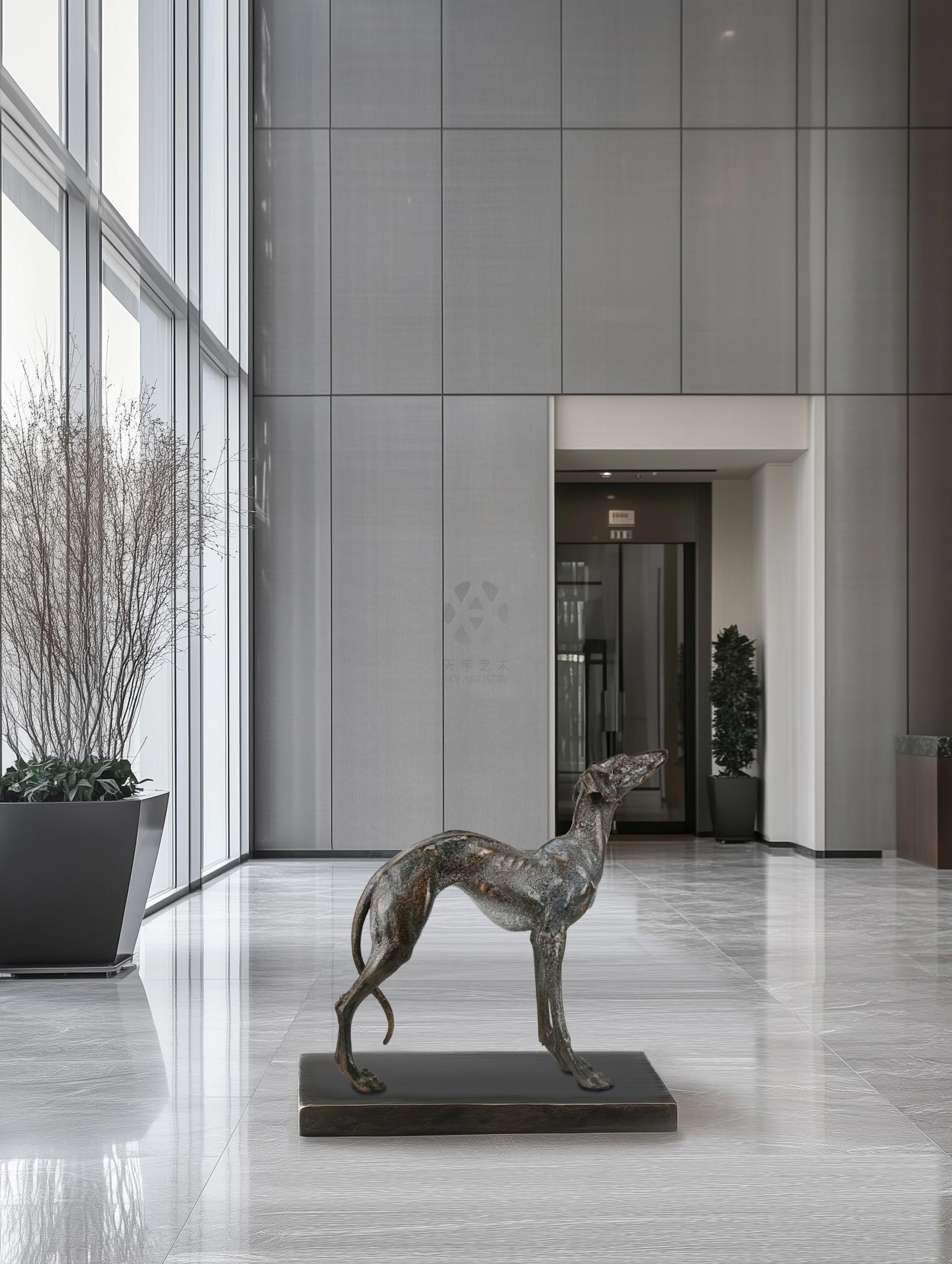 Bronze greyhound in hotel lobby — lobby alt lifestyle.