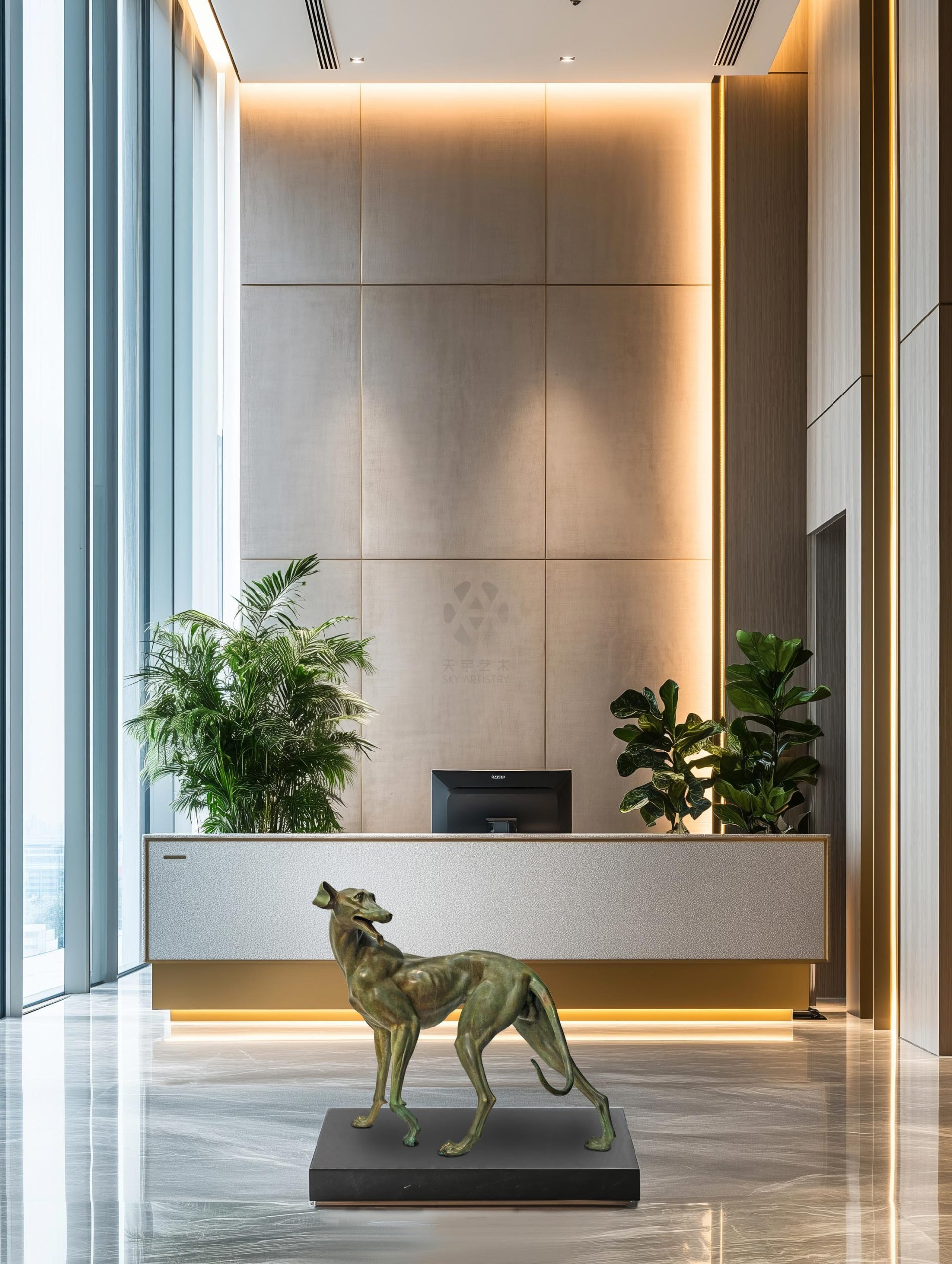 Large brass hound in hotel lobby — reception lifestyle.