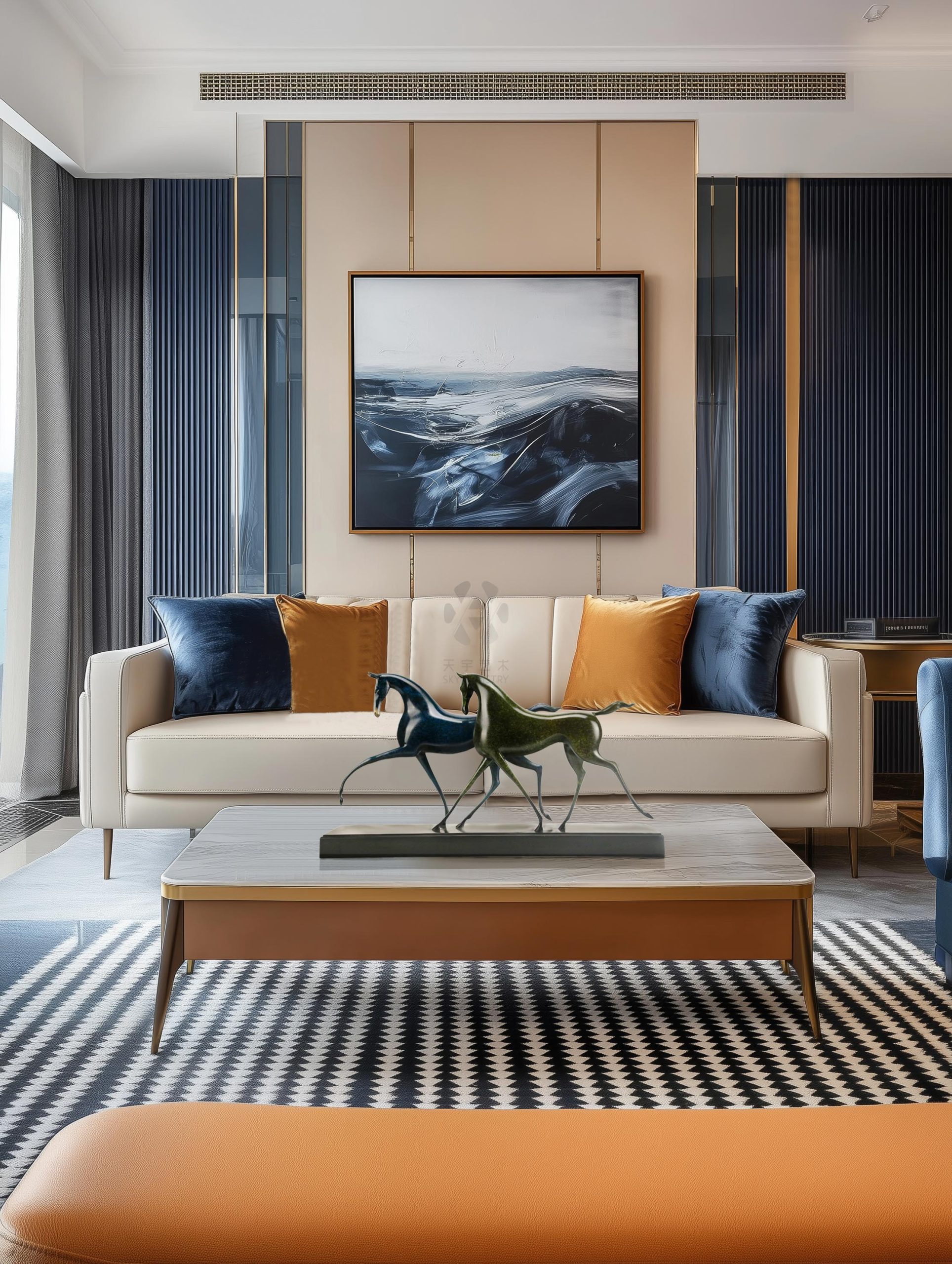 Brass running horse pair in living room — coffee table lifestyle.