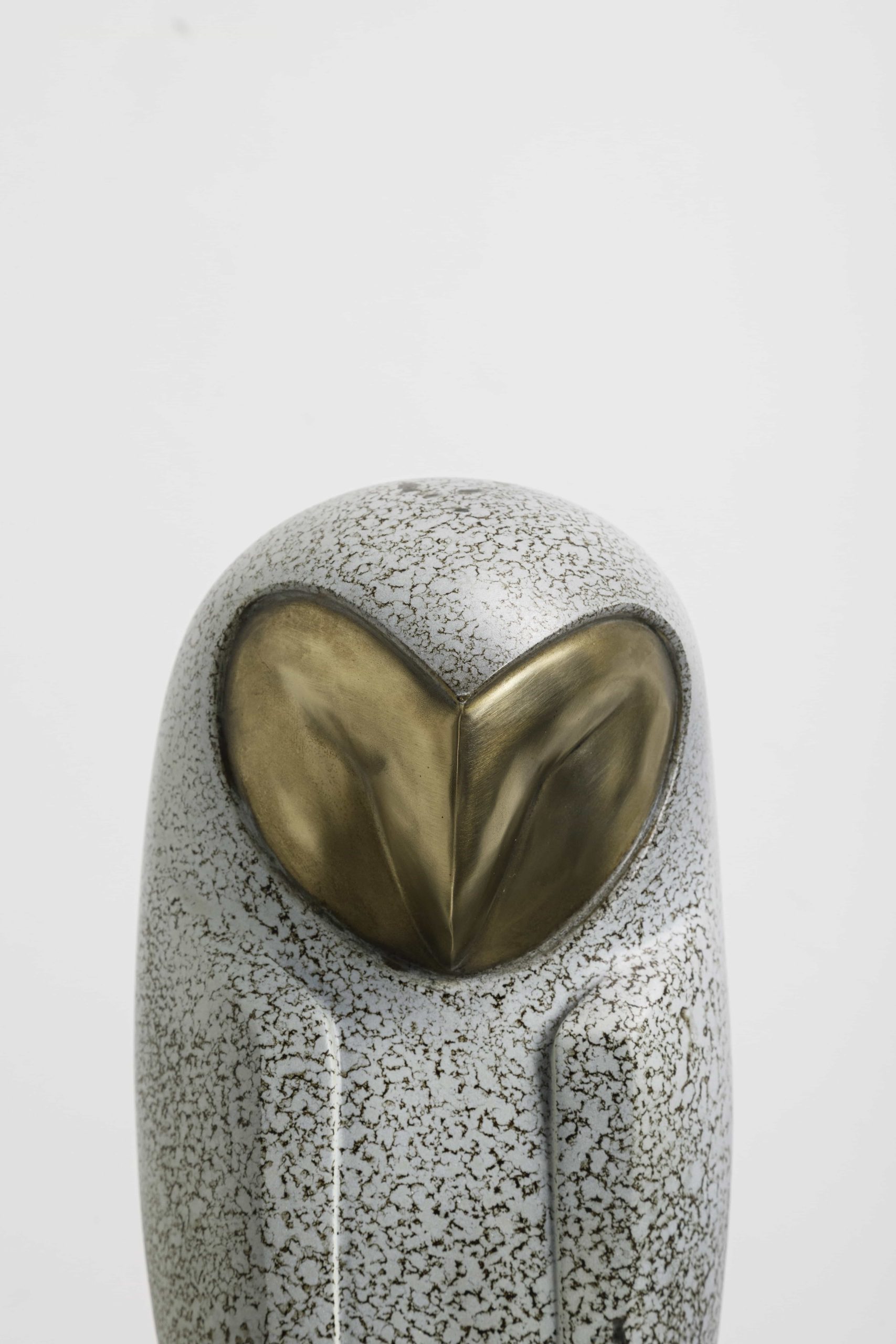 Speckled owl with brass heart-shaped face — face close-up.