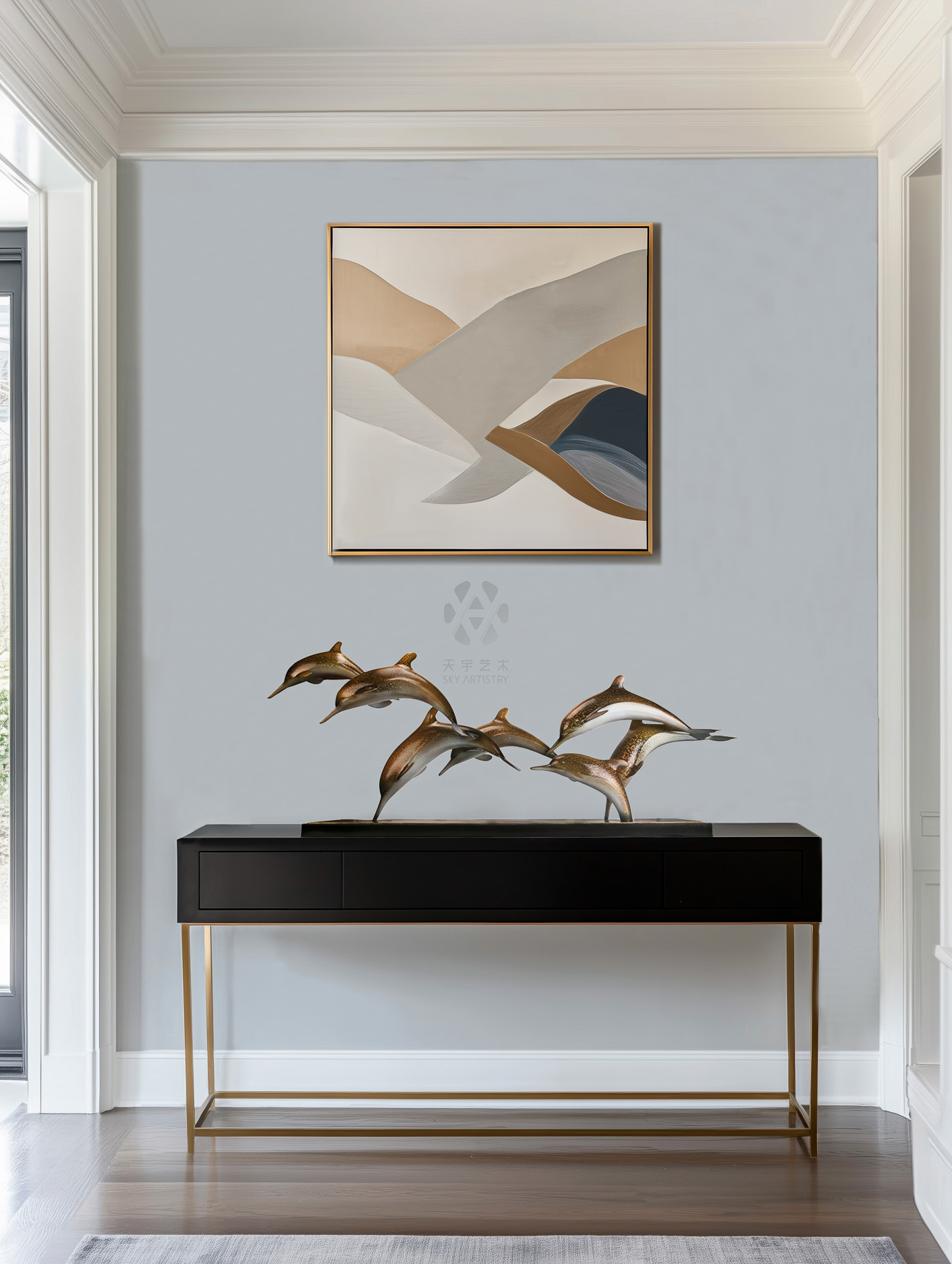 Brass dolphin school over console table — console alt lifestyle.