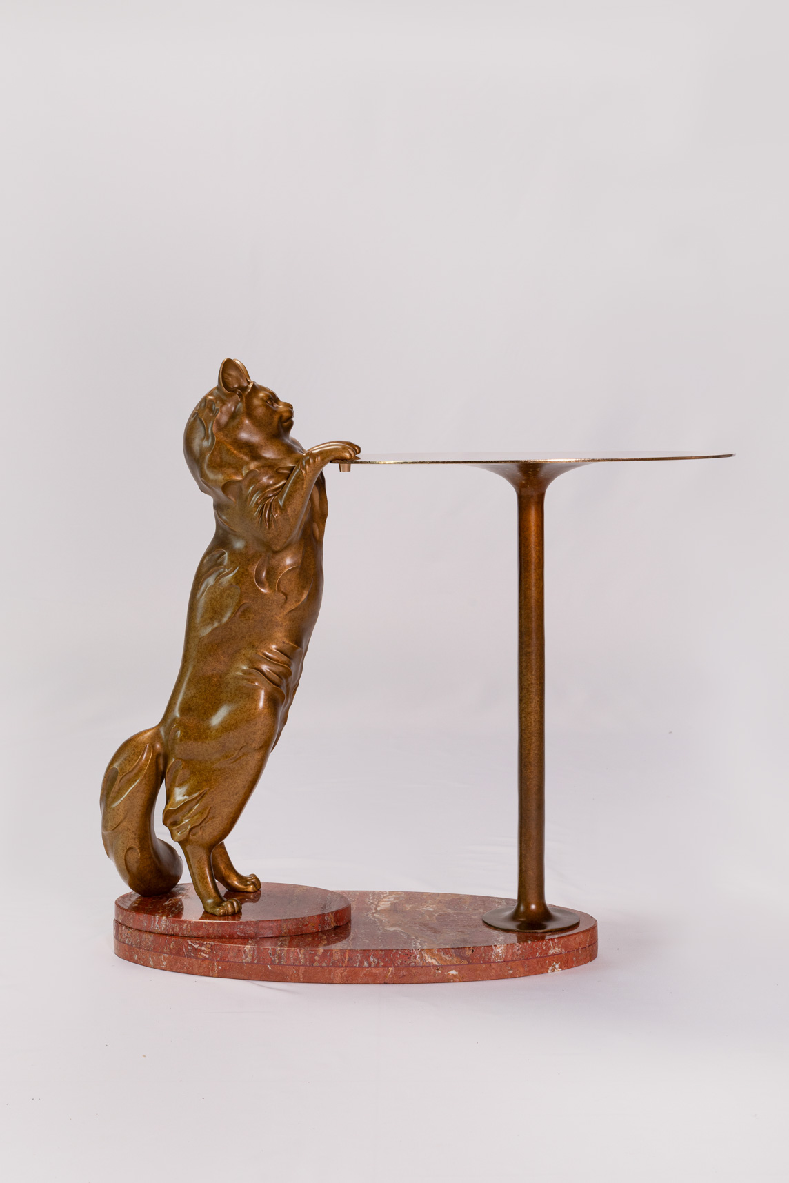Bronze cat side table seen from the opposite side showing the marble base