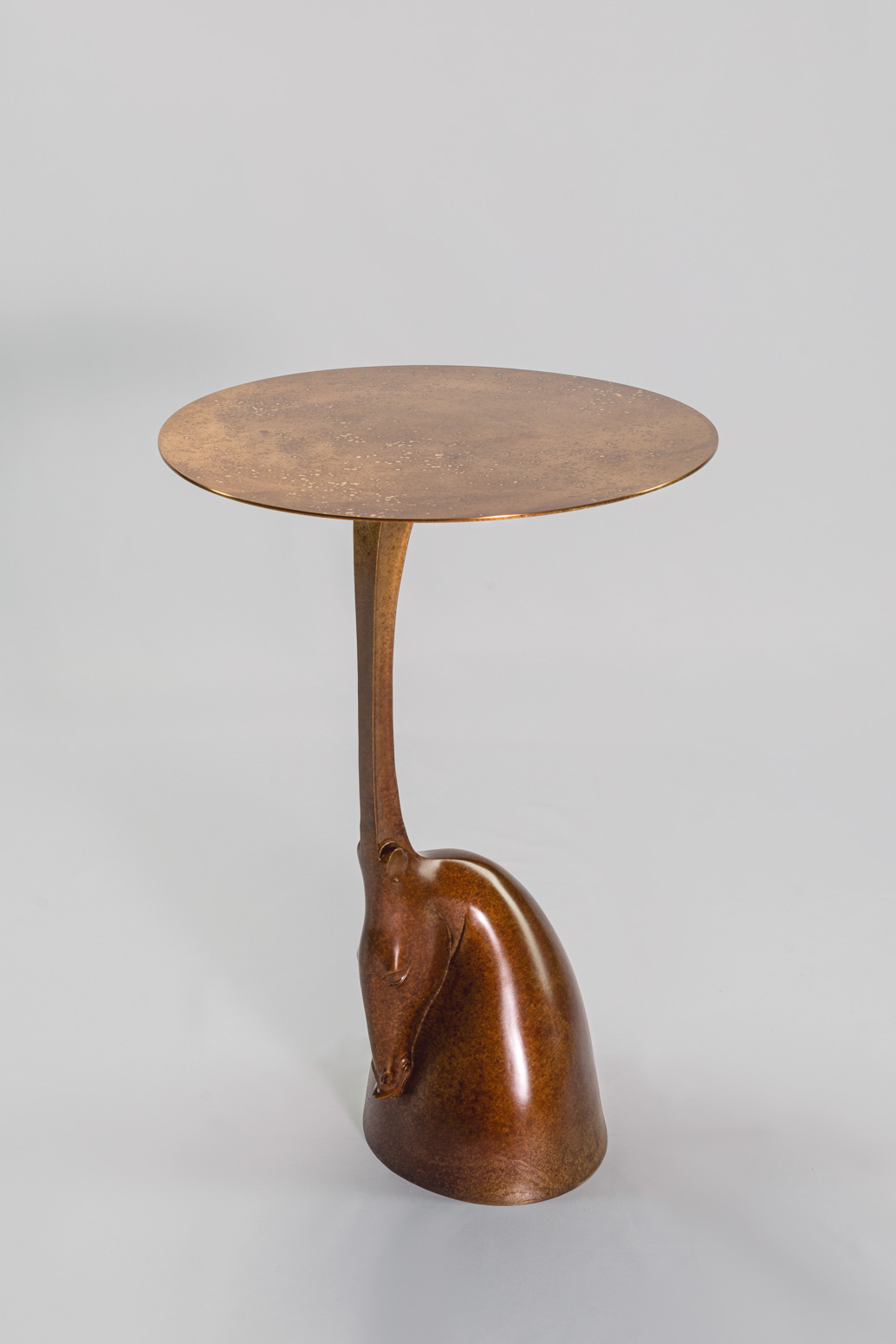 Bronze horse side table, front view showing the round tabletop