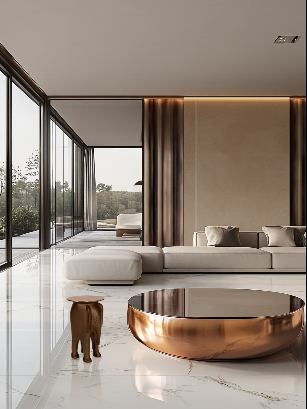 Lifestyle rendering of the bronze elephant side table in a modern living room
