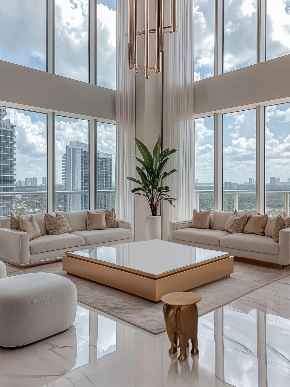 Lifestyle rendering of the bronze elephant side table beside a sofa in a high-rise living room