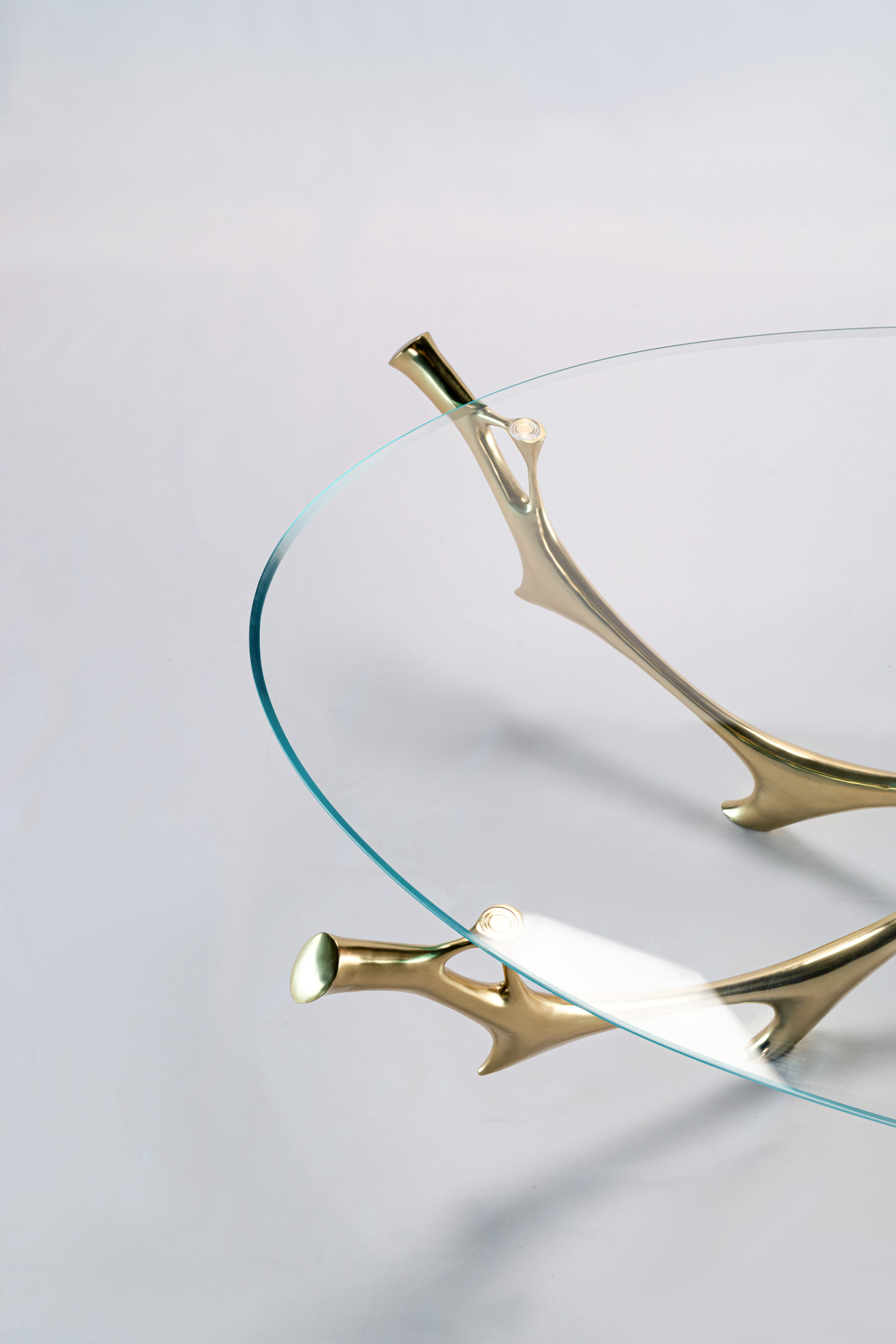 Glass tabletop edge resting on a polished bronze branch tip