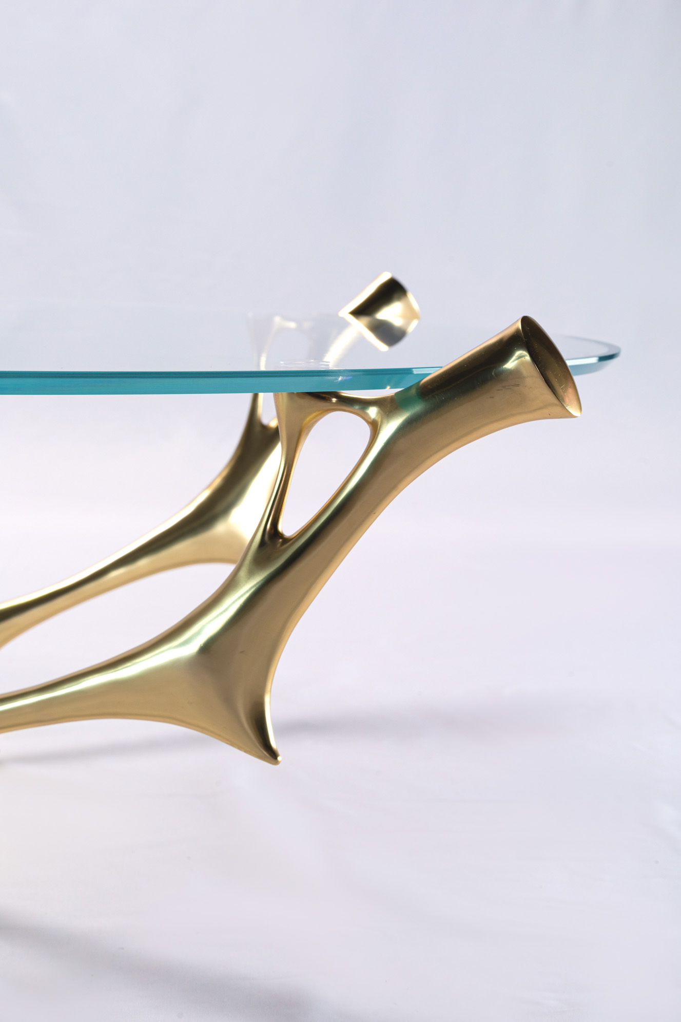 Close-up of the bronze branch tip supporting the glass top
