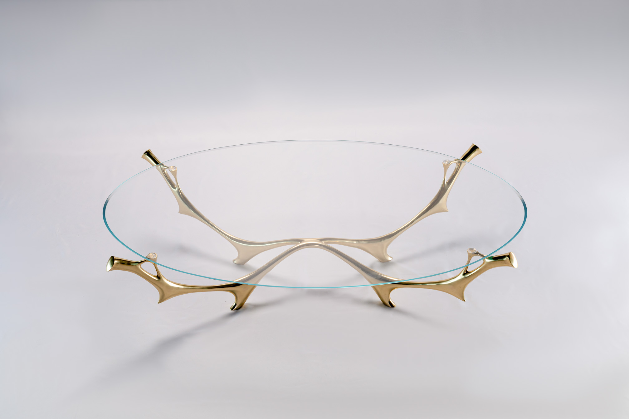 Polished bronze coffee table side view with water-and-branch sculptural base