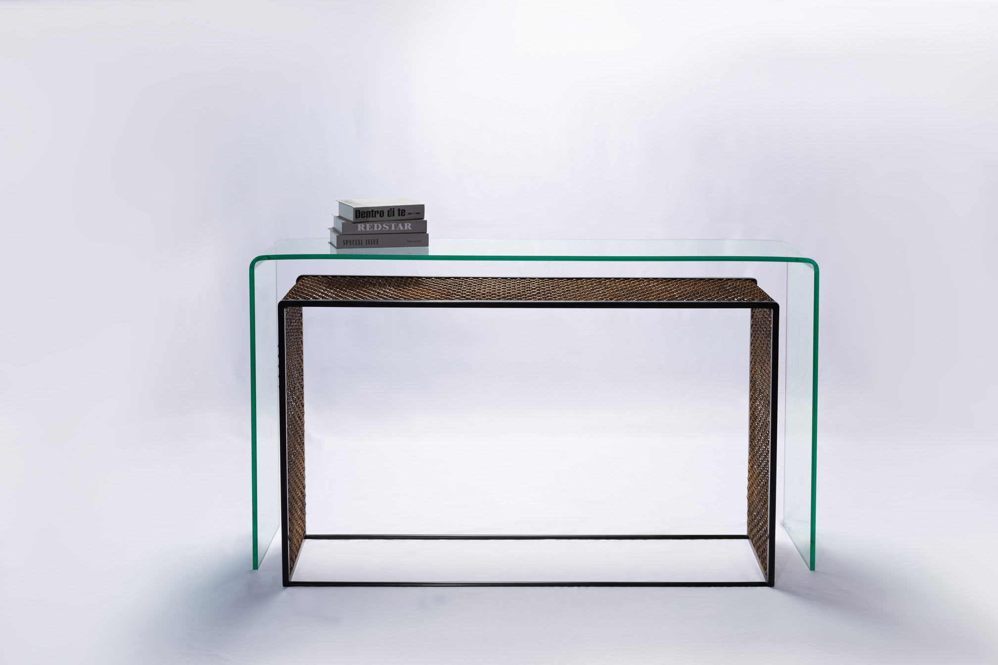 Bronze mesh console table seen from the opposite angle