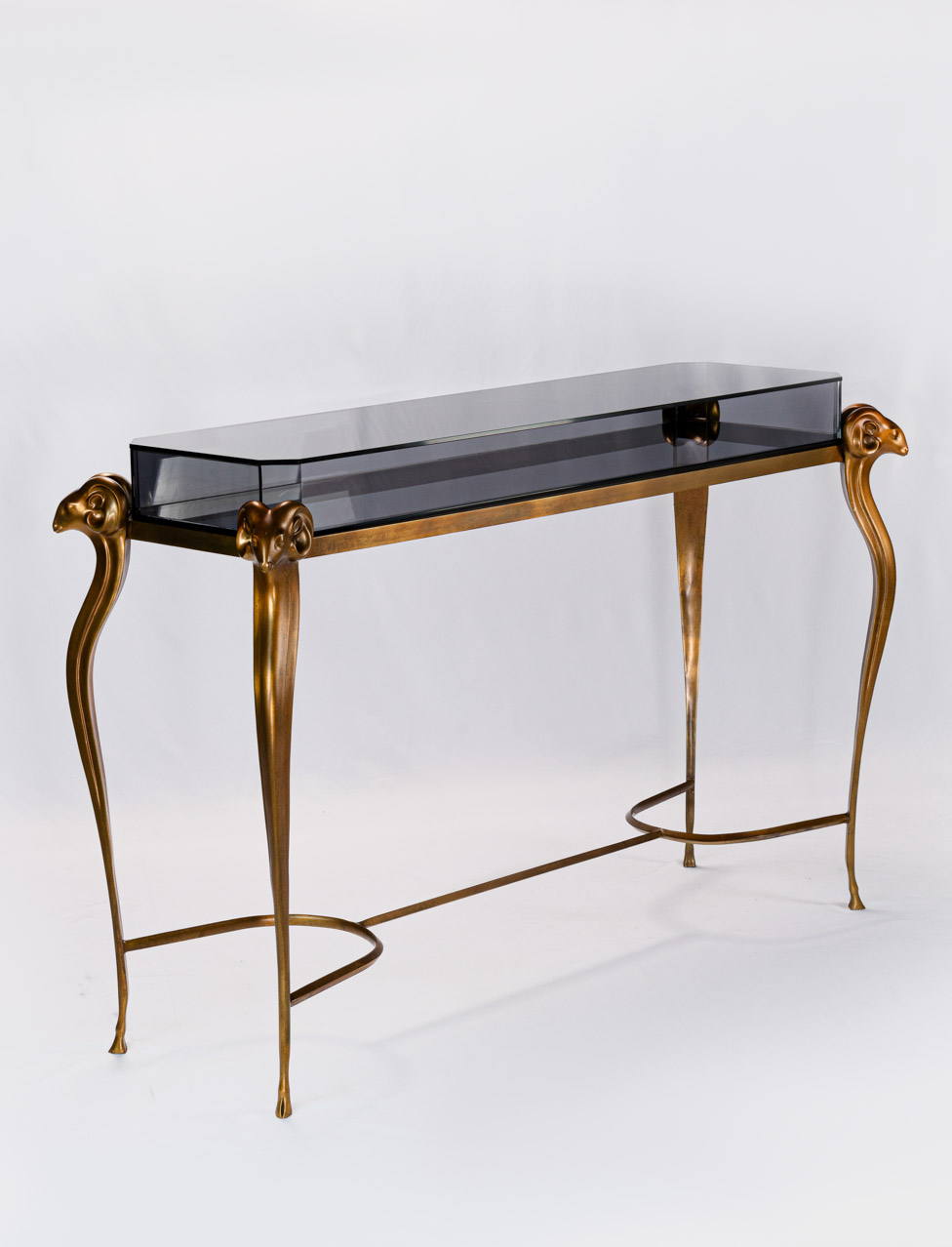 Three-quarter view of the antelope head bronze console table