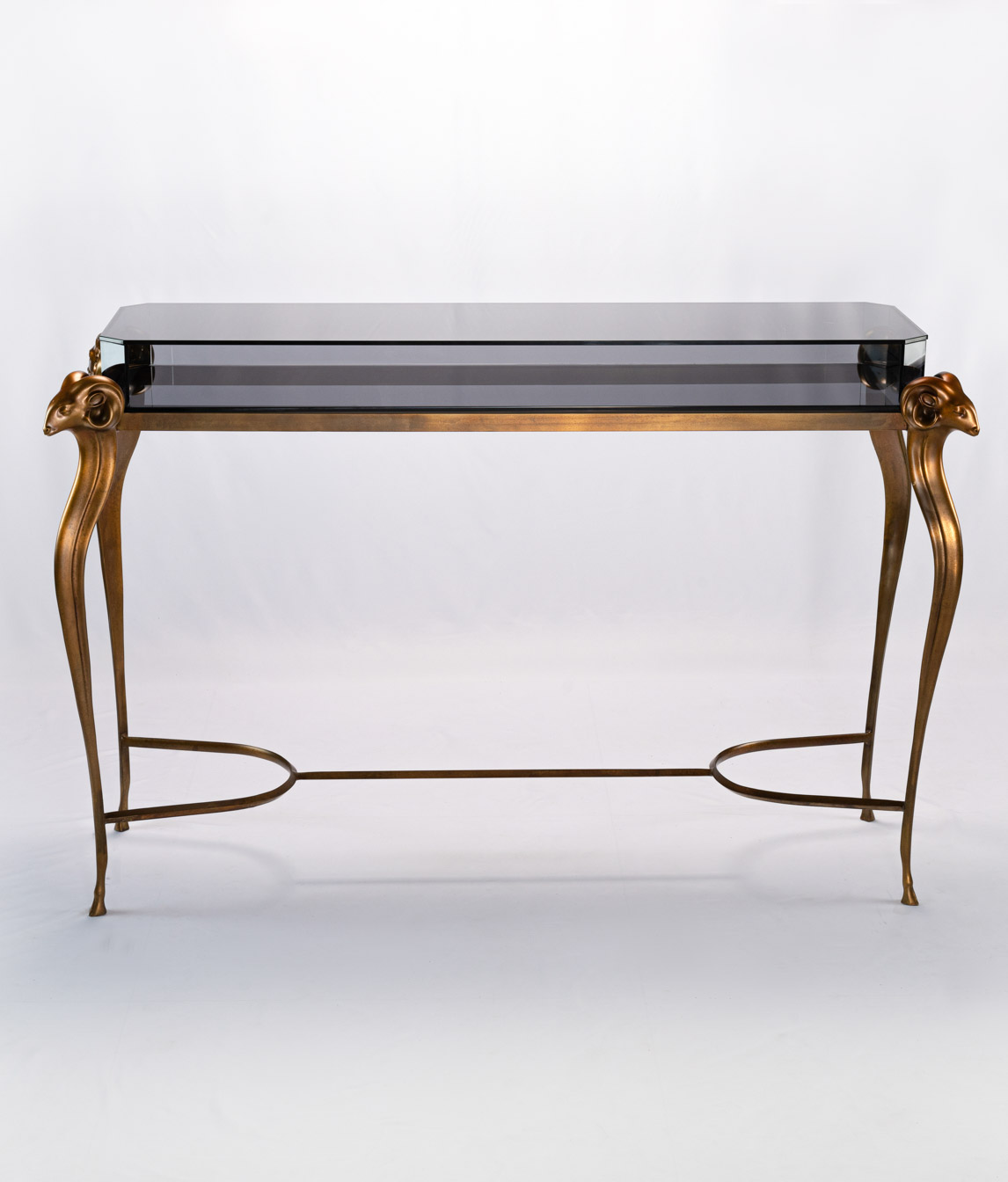 Bronze antelope console table with curved stretcher, straight-on view