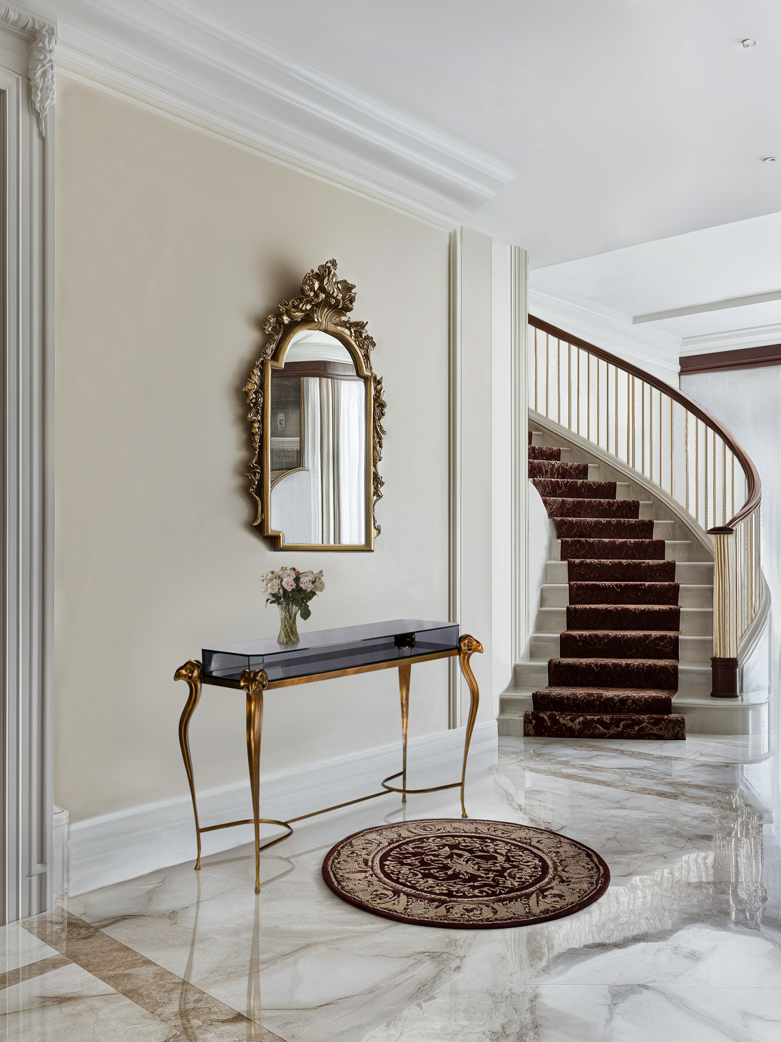 Lifestyle rendering of the antelope console table in an entryway with mirror and staircase