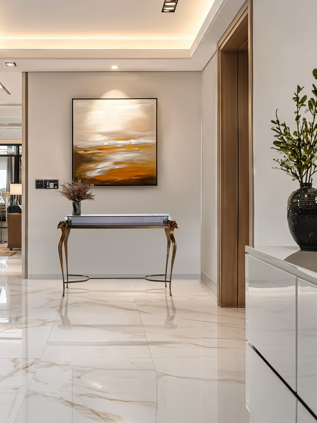 Lifestyle rendering of the antelope head console table in a modern hallway