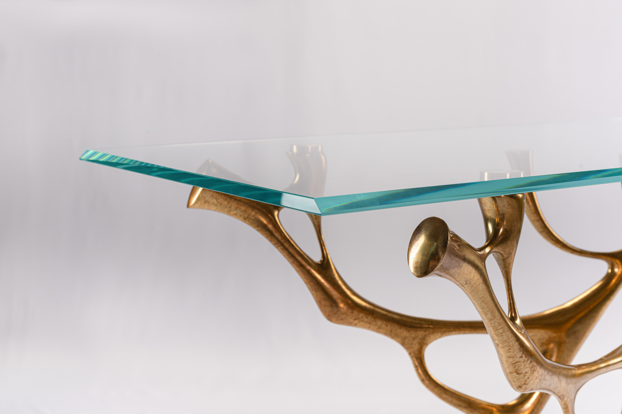 Detail of the glass top edge resting on a bronze branch tip