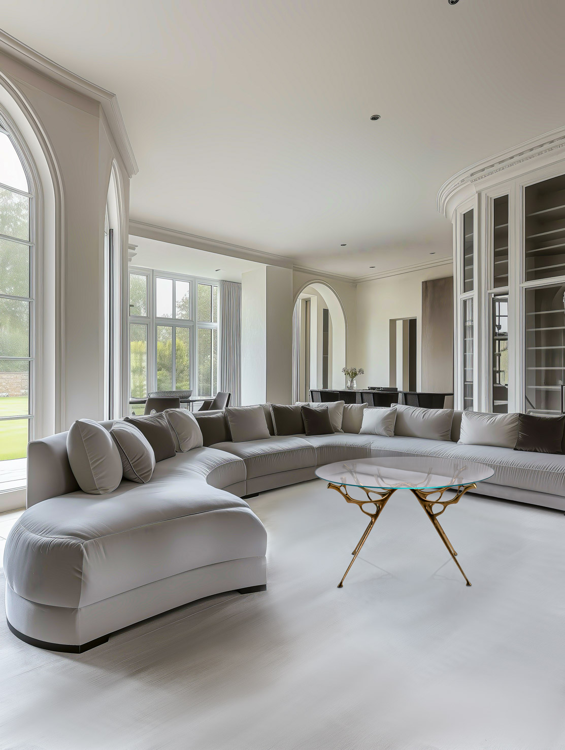 Lifestyle rendering of the round bronze dining table in a bright living space