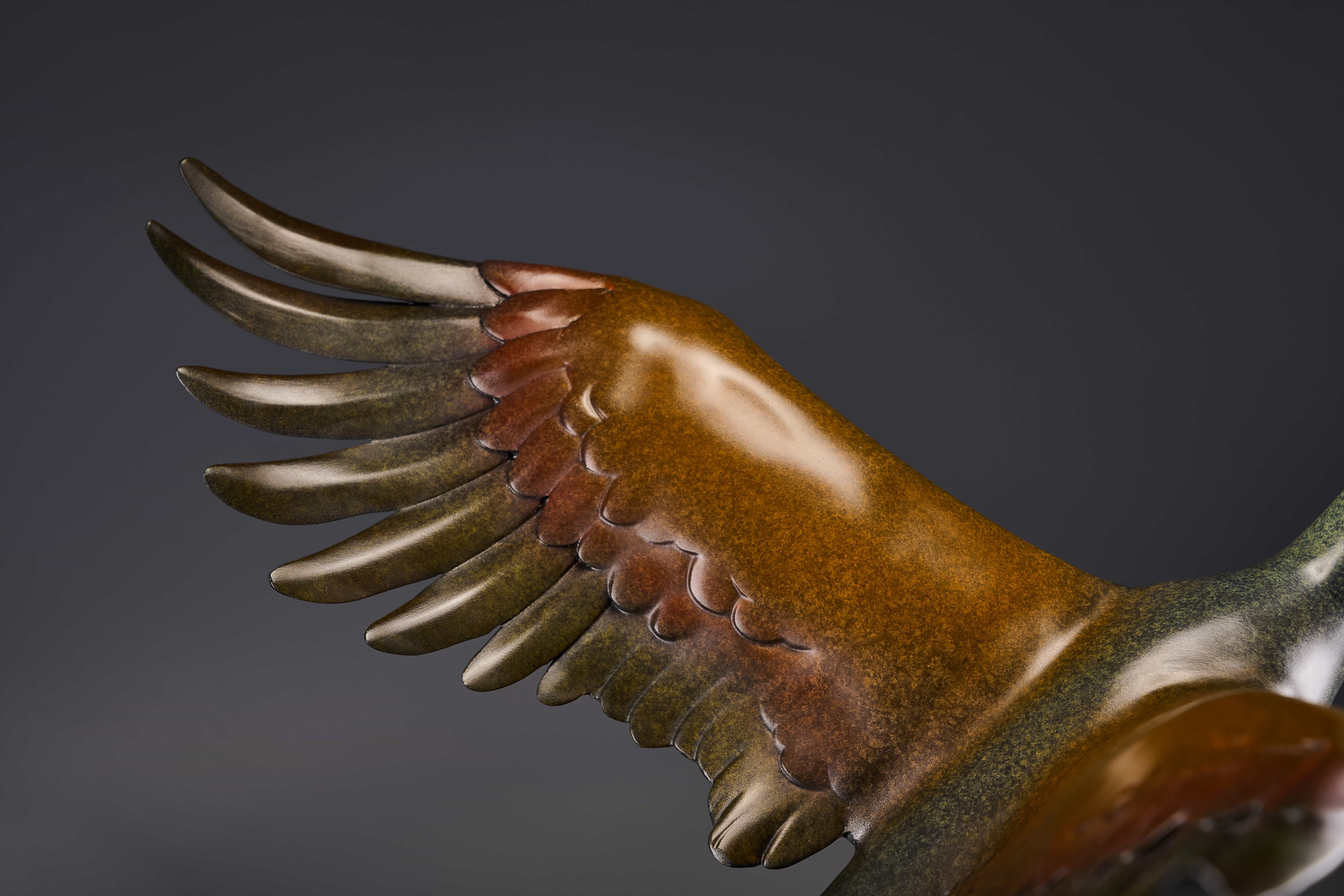Silver crane with spread wings and red crown — wing feather detail.