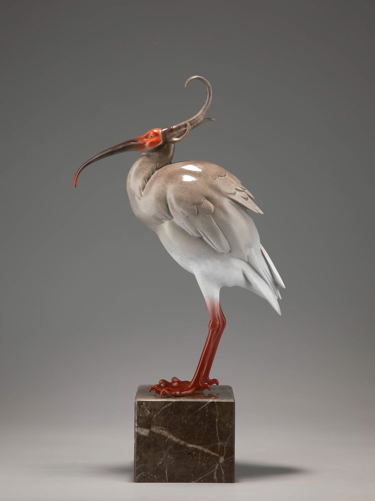 Crested ibis on marble base — alt angle view.