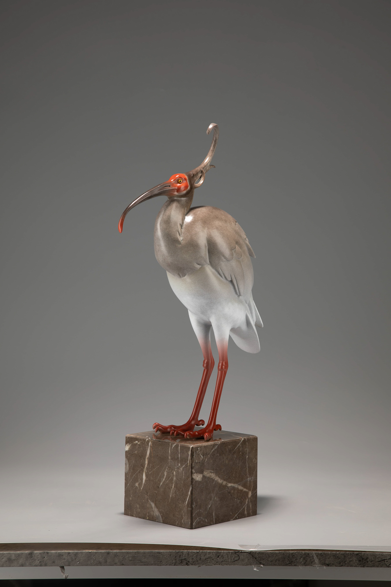 Crested ibis on marble base — distant view.