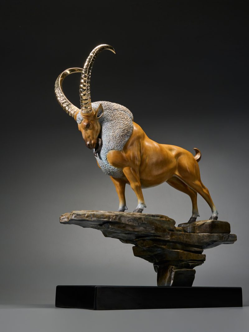 The antelope stands on top of the rock.