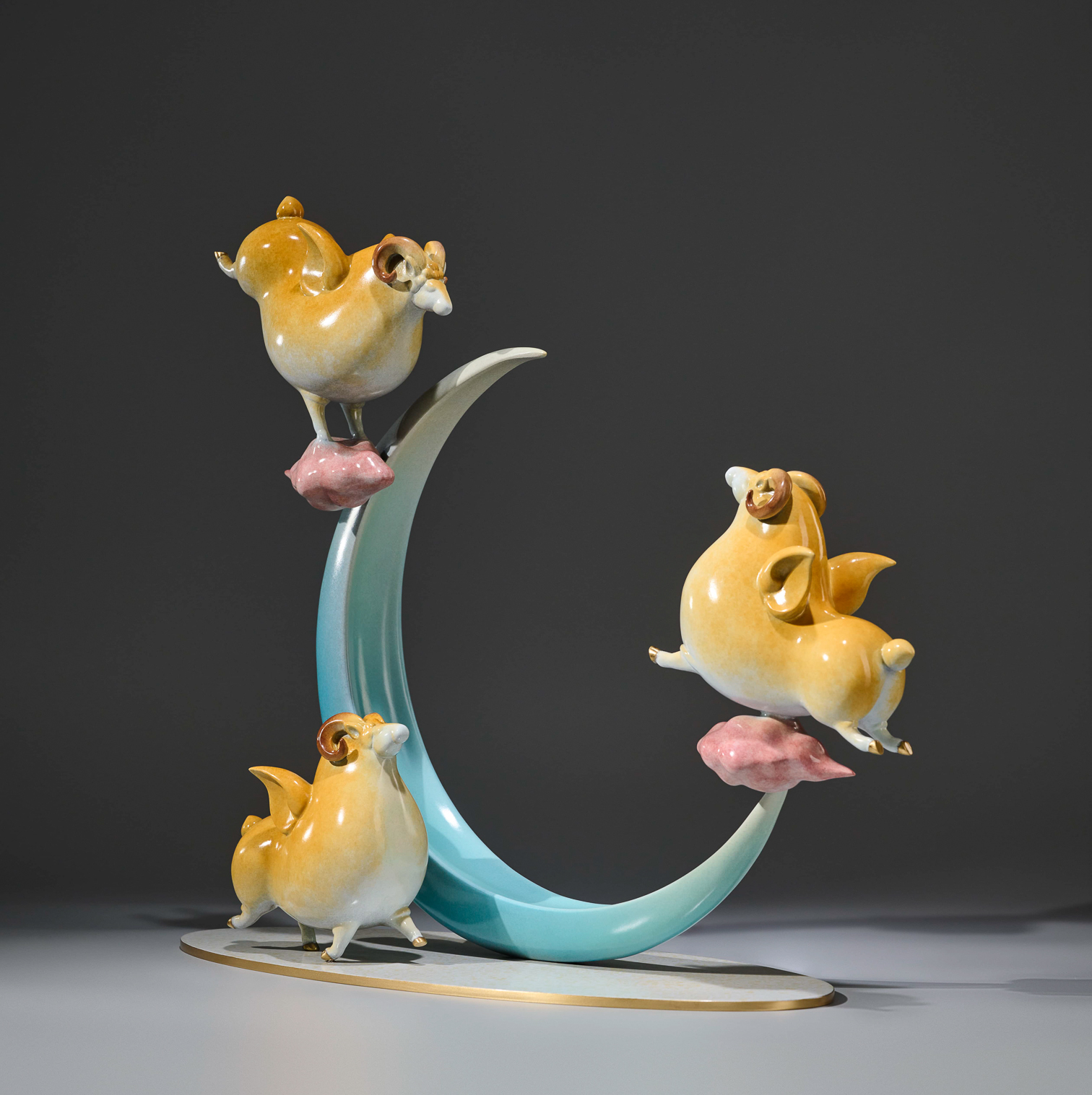 Three cartoon sheep on the moon — full view alt angle.