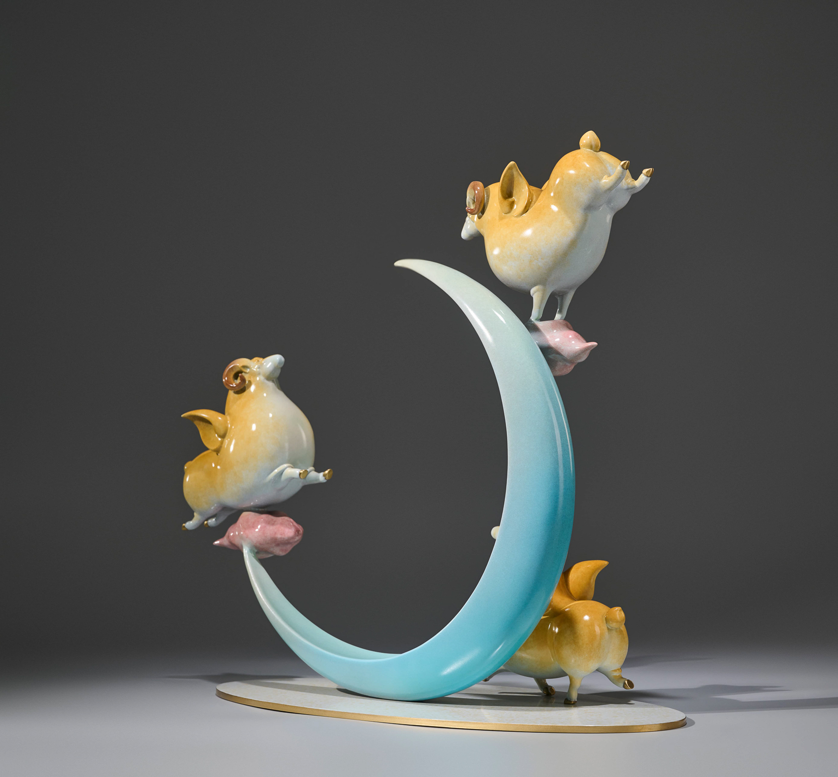 Three cartoon sheep on the moon — side view.