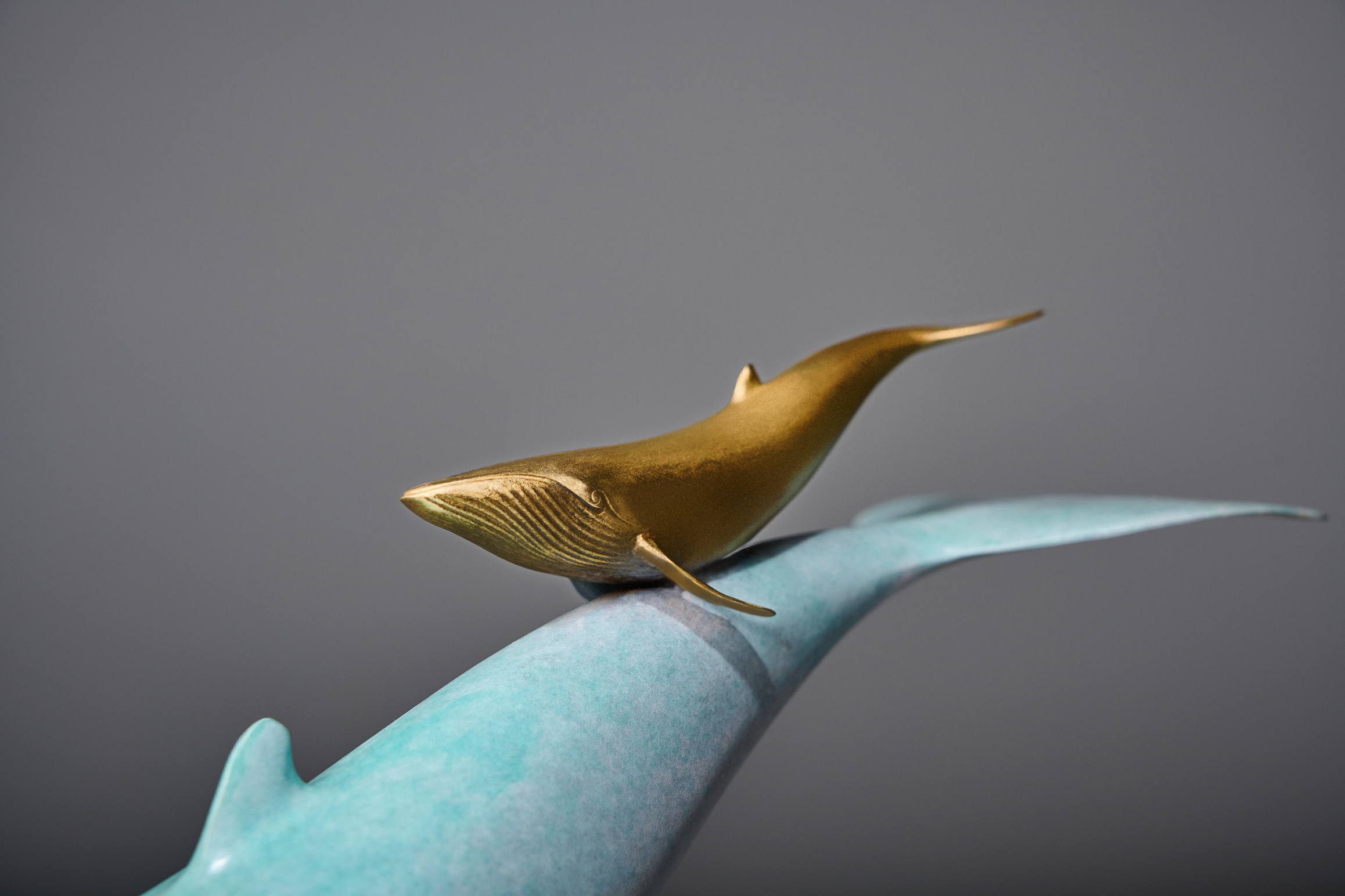 Blue-green whale with golden calf — golden calf close-up.