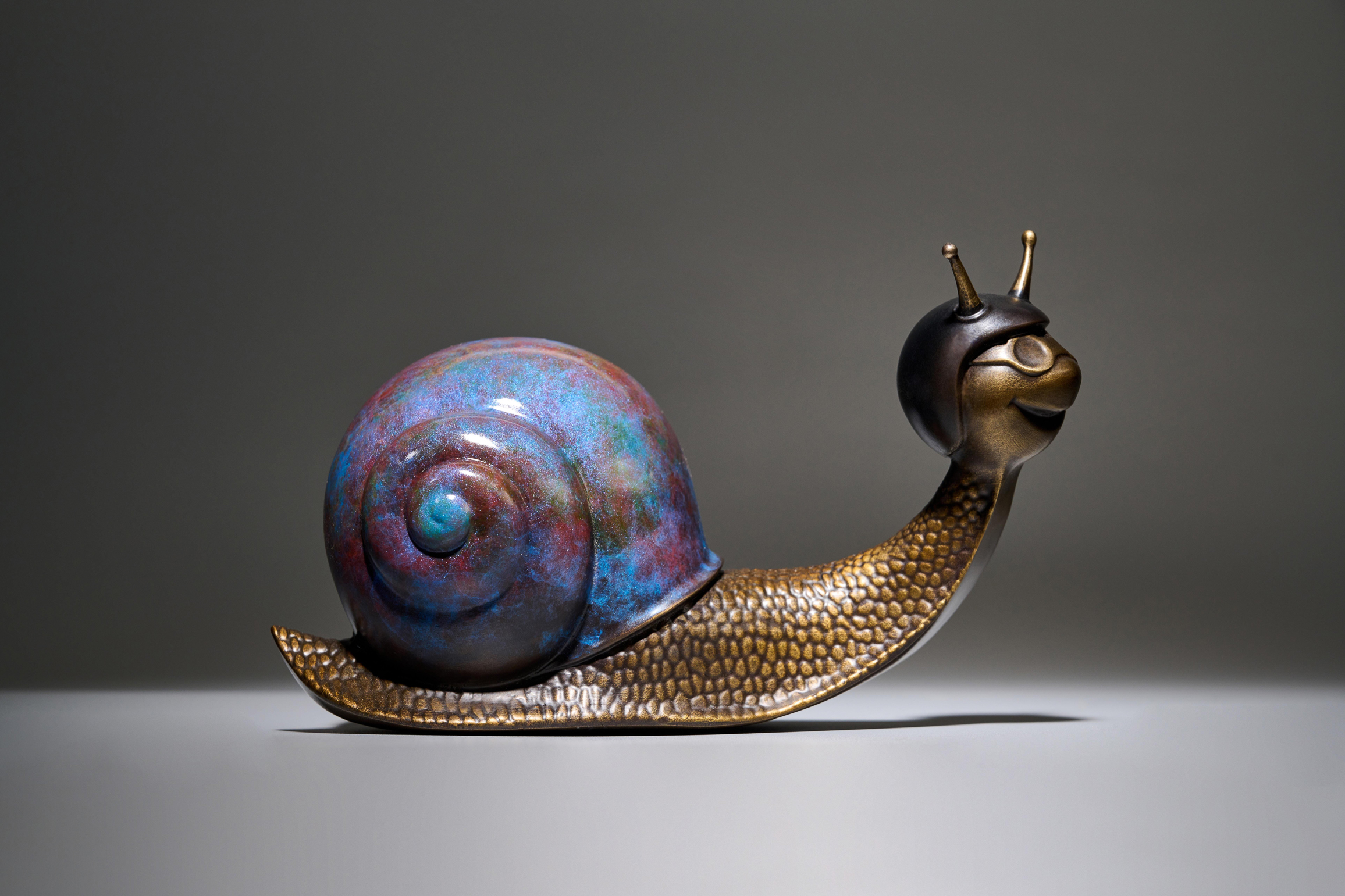 Copper snail with blue shell — side alt angle.