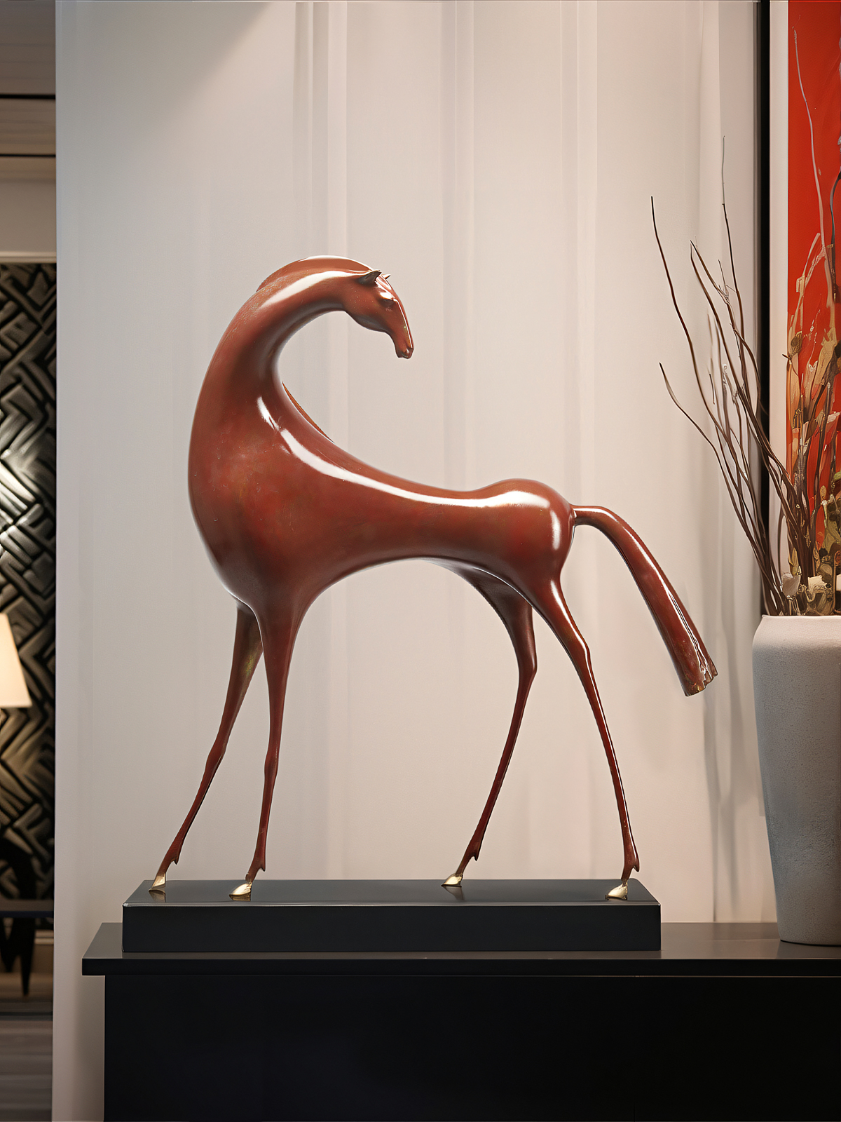 Abstract red horse with elongated legs — interior styled view.