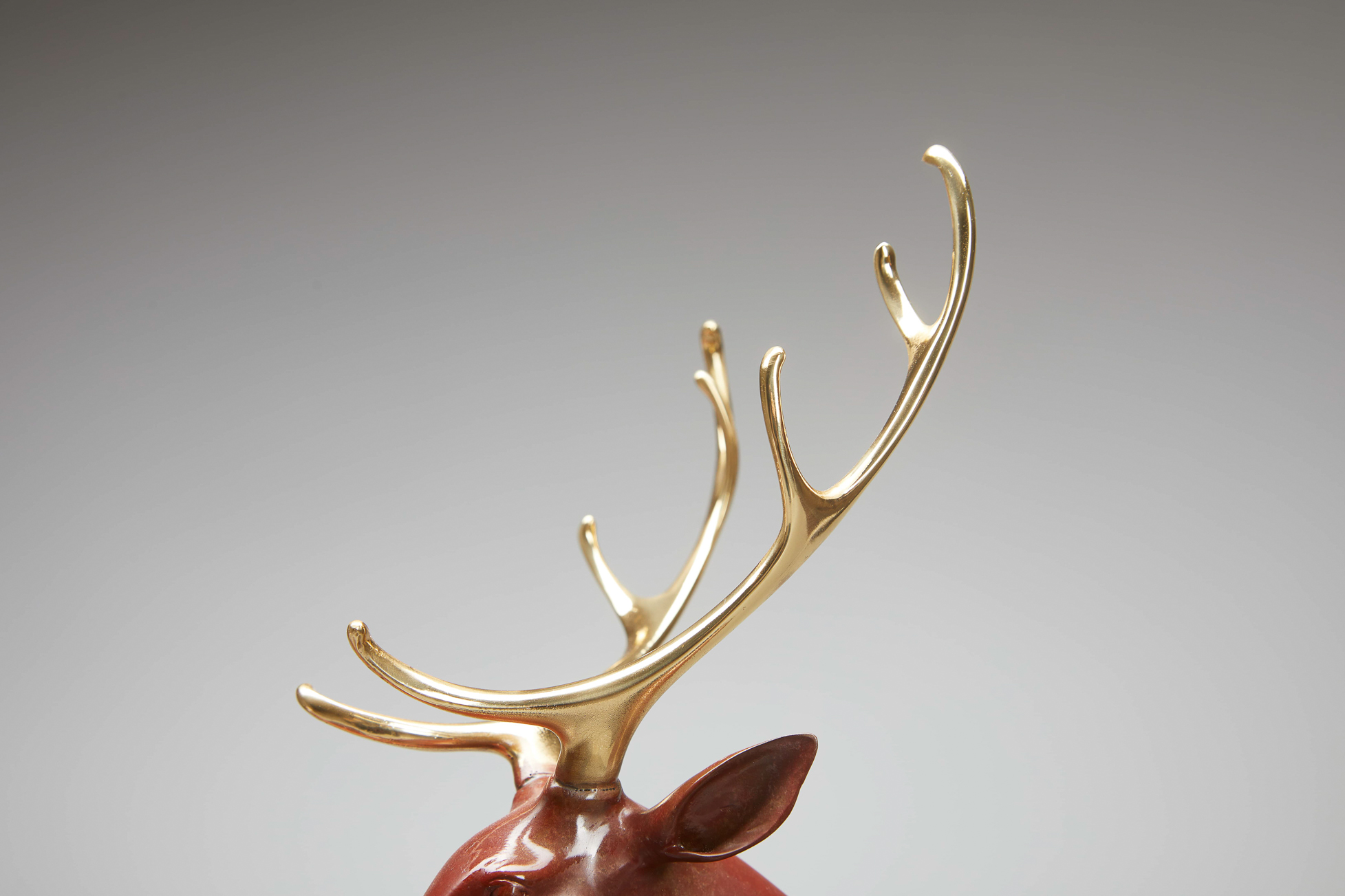 Red-brown deer with golden antlers on rock base — antlers close-up.