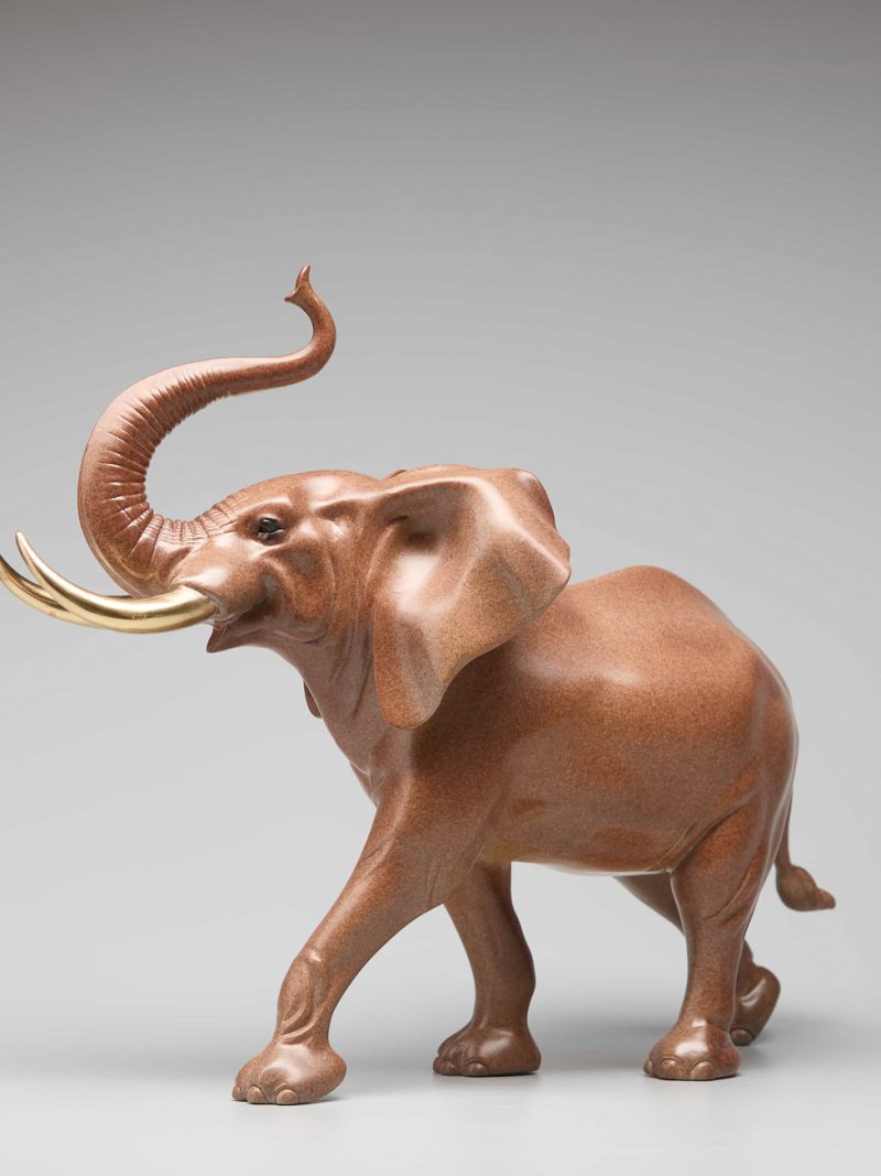 The elephant with its nose raised