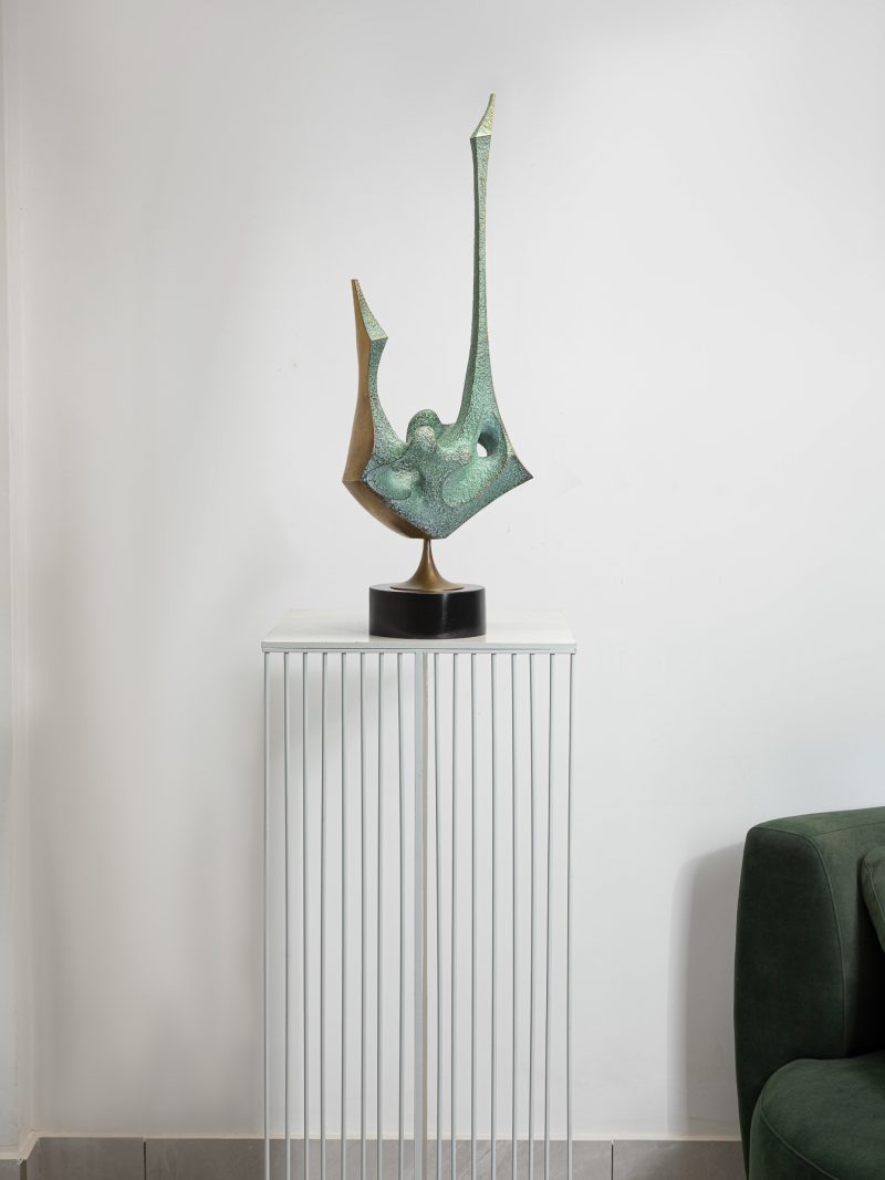 Abstract and contrasting-colored sculptures