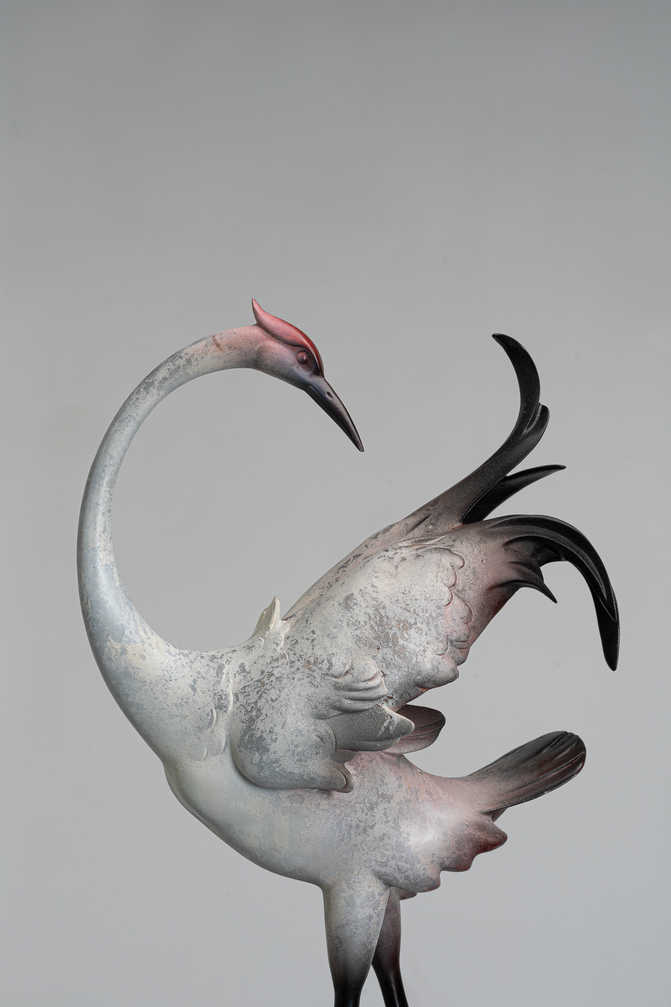 White crane preening on abstract ring base — head and wing close-up.