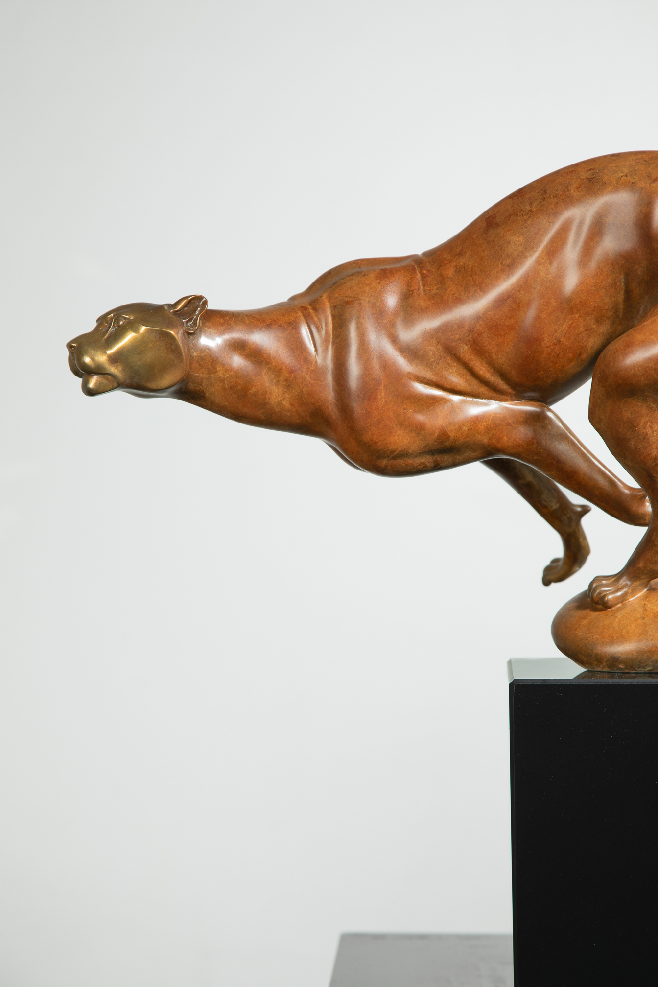 bronze leopard sculpture- modern sculpture-running leopard-marble-base